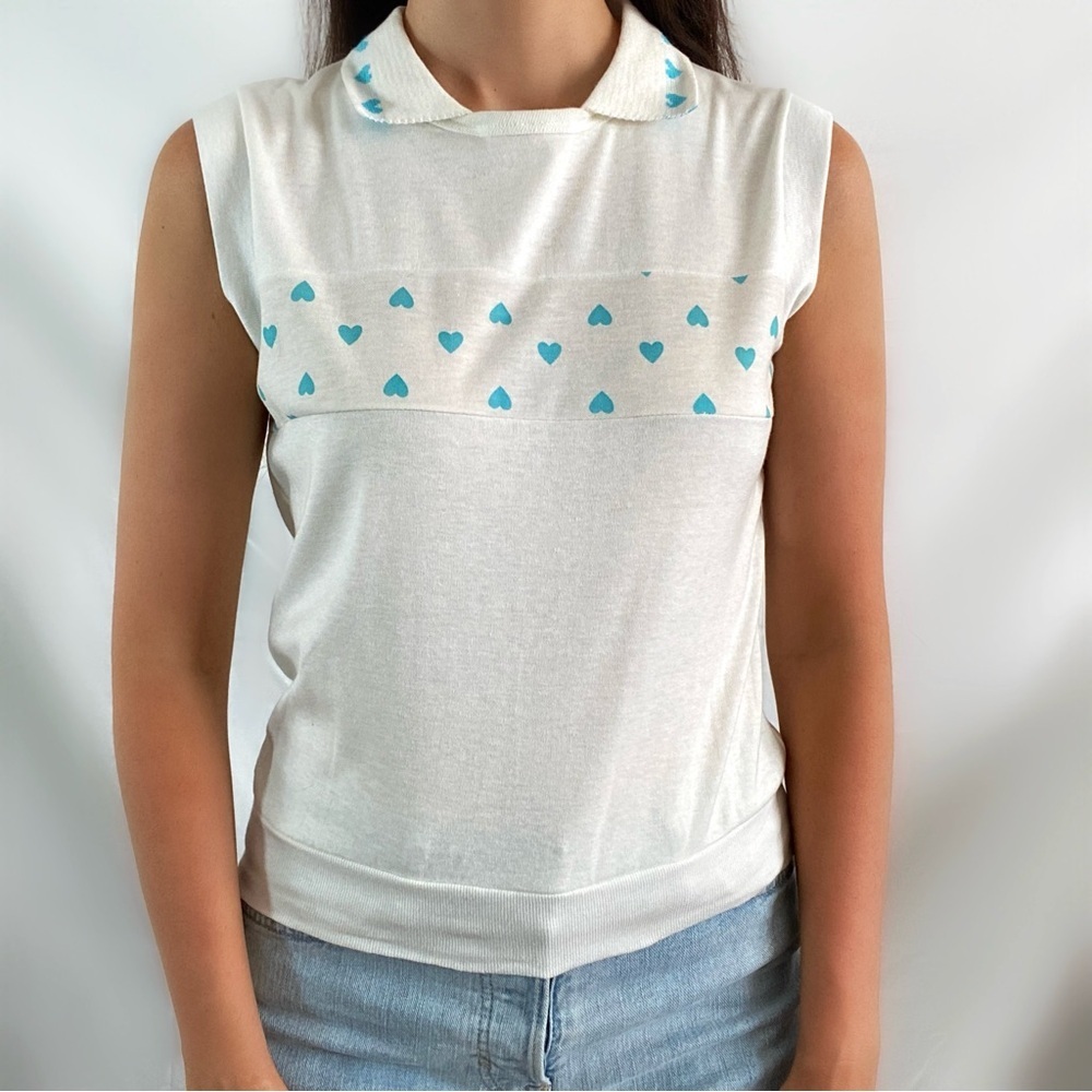 Vintage 90s white collar sleeveless blouse blue hearts cute kawaii small